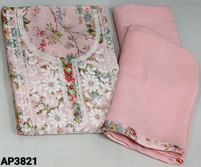 CODE AP3821 : Pastel Pink Printed Linen unstitched Salwar material(soft fabric, requires lining)chikankari embroidery work on yoke,Pink cotton bottom,chiffon dupatta with tapings