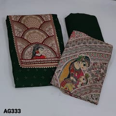 CODE AG333 :  Bottle Green Liquid fabric unstitched Salwar material(Soft fabric, lining needed)  digital printed yoke patch highlighted with fancy kundan stone work detailing, mukesh work(stone work) done frontside, Matching Liquid fabric Bottom, sequins on Madhubani printed silk cotton dupatta with tapings
