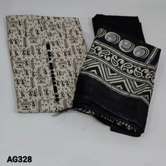 CODE AG328 : Beige Base Warli Printed Jute Cotton unstitched Salwar material(lining optional) with potli buttons on yoke, printed all over, Black Cotton Bottom, Fancy Art Silk Dupatta with tapings