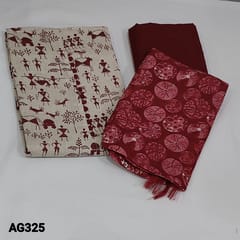 CODE AG325 : Beige Base Warli Printed Jute Cotton unstitched Salwar material(lining optional) with potli buttons on yoke, printed all over, Maroon Cotton Bottom, Fancy Art Silk Dupatta with tapings