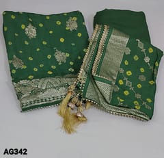 CODE AG342 :  Designer Dark Green Dola Silk Unstitched salwar material(thin and silky fabric, lining needed) antic gold zari woven buttas on frontside, tie and dye Bandhini printed all over, Matching Santoon Bottom, tie and dye Bandhini printed Pure dola silk dupatta with zari woven pattern and ricj pallu