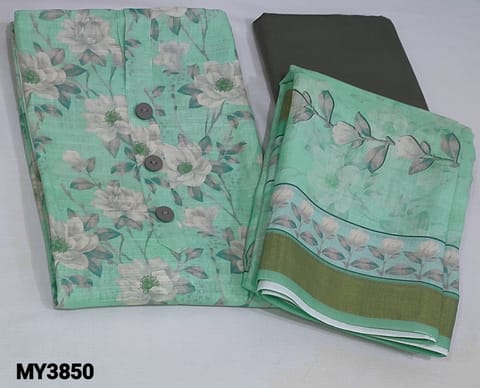 CODE MY3850 : Sea Green Premium Linen unstitched Salwar material(light weight, thin fabric, lining needed) with fancy buttons on yoke, prints all over, grey Cotton bottom, sea green base floral printed dupatta with gold tissue borders either side