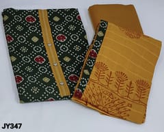 CODE JY347 : Olive Green Bandhini printed cotton Unstitched salwar material (soft fabric, lining optional) with contrast yoke with fancy buttons, Fenugreek Yellow Cotton Bottom, Block Printed Mul soft pure Cotton dupatta with self checkered pattern and tapings