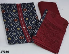 CODE JY346 : Navy Blue Bandhini printed cotton Unstitched salwar material (soft fabric, lining optional) with contrast yoke with fancy buttons, Maroon Cotton Bottom, Block Printed Mul soft pure Cotton dupatta with self checkered pattern and tapings