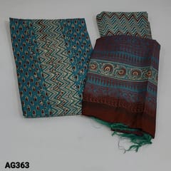 CODE AG3631 : Blue Base Maroon Printed Soft Cotton Unstitched Salwar material (thin fabric, lining optional) with zigzag printed yoke patch zari and sequins, zigzag Cotton Bottom, Dual shaded Block printed soft silk cotton dupatta