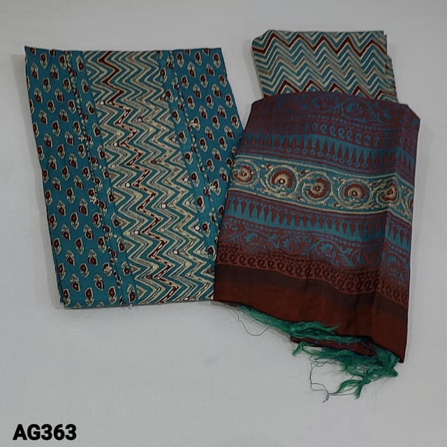 CODE AG3631 : Blue Base Maroon Printed Soft Cotton Unstitched Salwar material (thin fabric, lining optional) with zigzag printed yoke patch zari and sequins, zigzag Cotton Bottom, Dual shaded Block printed soft silk cotton dupatta