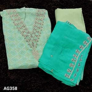 CODE AG358 : Designer Pastel Green Pure Organza Silk unstitched Salwar material(soft, thin fabric, lining needed) V neck, zari, sequins and thread work on yoke, printed all over, Matching Santoon Single fabric provide for both Lining and Bottom, Pure organza dupatta with zari and thread detailing