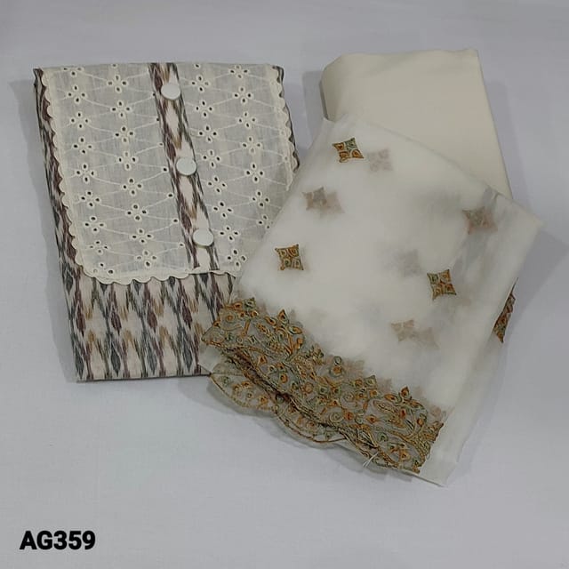 CODE AG359 : Beige Base Jakard Soft Cotton unstitched Salwar material(thin fabric, lining optional) with hakoba patch work and simple buttons on yoke, ikat design thread woven all over, Half White Cotton Bottom, fancy organza dupatta with embroidery work with cut work edges