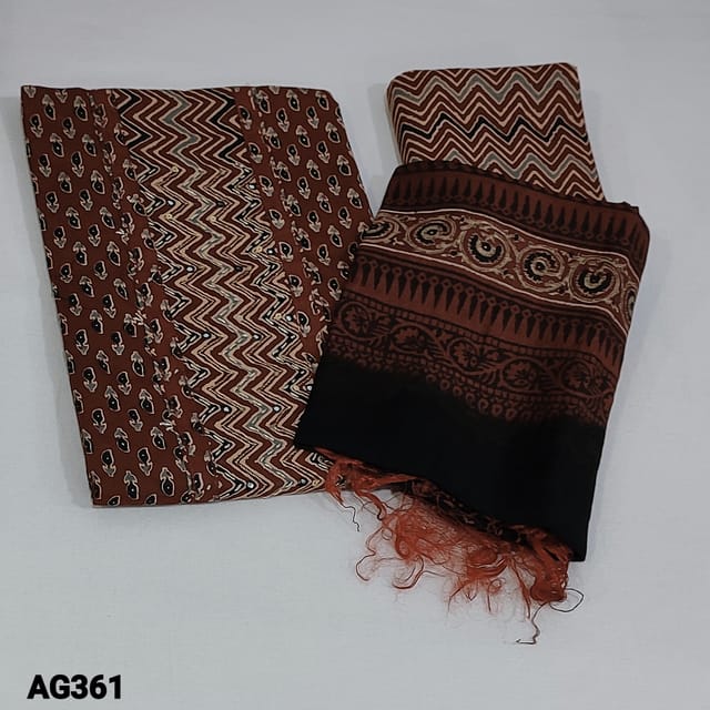 CODE  AG361 : Maroon Base Black Printed Soft Cotton Unstitched Salwar material (thin fabric, lining optional) with zigzag printed yoke patch zari and sequins, zigzag Cotton Bottom, Dual shaded Block printed soft silk cotton dupatta