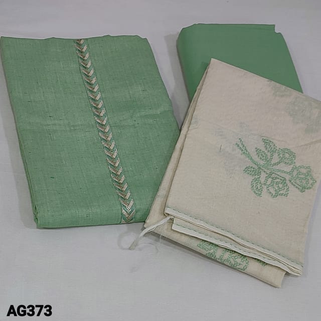 CODE AG373 : Sober Green Spun Cotton Unstitched Salwar material(texture, thin  fabric, lining optional) with embordered work on yoke, Matching Cotton Bottom, embroidery on Fancy Silk Cotton dupatta with kantha stich outlines and tapings