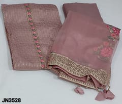 CODE JN3528 : Designer Pastel Pink Pure Organza unstitched Salwar material(soft and flowy, lining needed) with floral embroidery work on yoke, Rich sequins work done on frontside, Embroidered daman, Matching Santoon Bottom, embroidery work on fancy organza dupatta with thread and sequins work borders