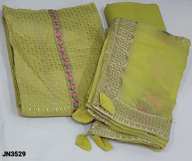 CODE JN3529 : Designer Light Mehandhi Green Pure Organza unstitched Salwar material(soft and flowy, lining needed) with floral embroidery work on yoke, Rich sequins work done on frontside, Embroidered daman, Matching Santoon Bottom, embroidery work on fancy organza dupatta with thread and sequins work borders