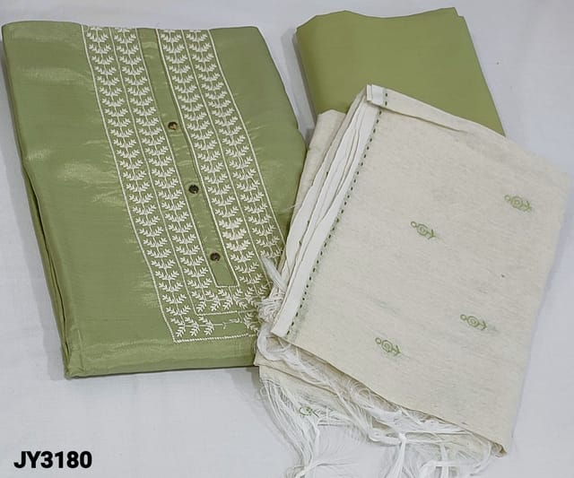 CODE JY3180 : Pastel Green Fancy silk cotton unstitched salwar material(shiny silky, lining needed) with thread and sequins work on yoke, Matching Cotton Bottom, embroidery and sequins work on fancy silk cotton dupatta with kantha stich borders