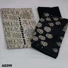 CODE AG399 : Beige Base Warli Printed Jute Cotton unstitched Salwar material(lining optional) with potli buttons on yoke, printed all over, Black Cotton Bottom, Printed Art Silk Dupatta with tapings