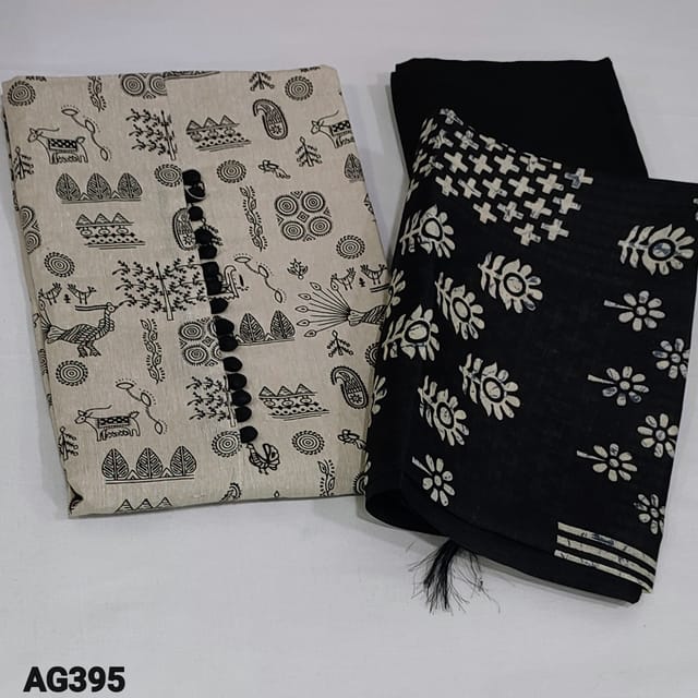CODE AG395 : Beige Base Warli Printed Jute Cotton unstitched Salwar material(lining optional) with potli buttons on yoke, printed all over, Black Cotton Bottom, Printed Art Silk Dupatta with tapings