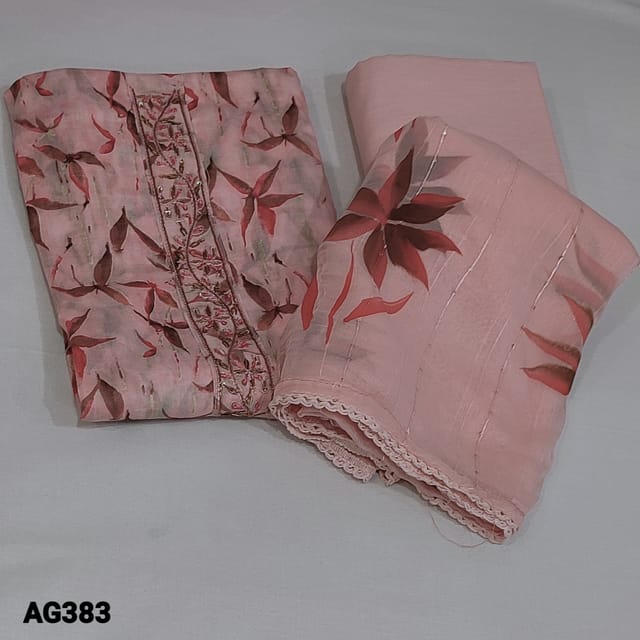 CODE AG383 : Pastel Pink Soft Silk Cotton Unstitched Salwar material(soft fabric, lining needed) with zardozi, sequins and thread detailing on yoke, Printed all over, Matching fabric which can be used as a lining or as a Bottom, Tiny sequins work on Premium chiffon dupatta