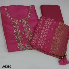 CODE AG380 : Designer Bright Pink Pure Dola Silk Semi-stitched salwar material(soft, silky fabric, lining needed can fit up to XXL size) Round neck, 3-/4 Sleeves, zardozi and french knot detailing on yoke, Matching Santoon Bottom, Banthini printed Pure dola silk dupatta with benerasi woven floral buttas and zari weaving borders