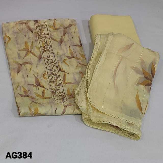 CODE AG384 : Pastel Yellow Soft Silk Cotton Unstitched Salwar material(soft fabric, lining needed) with zardozi, sequins and thread detailing on yoke, Printed all over, Matching fabric which can be used as a lining or as a Bottom, Tiny sequins work on Premium chiffon dupatta