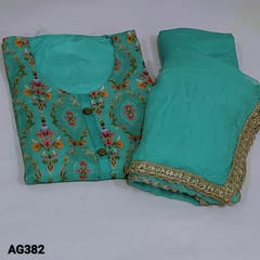 CODE AG382 : Designer Light Turquoise Blue Pure Dola Silk unstitched Salwar material(soft, flowy fabric, lining needed) round neck, fancy buttons on yoke, colorful printed outlined with thread and sequins detailing on frontside, Matching Santoon Bottom, pure chiffon dupatta with fancy lace tapings