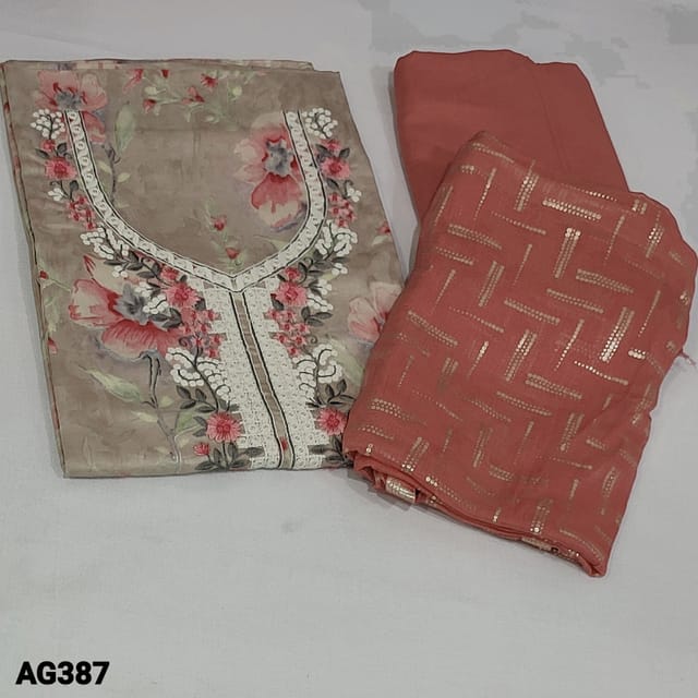 CODE AG387 : Light Chocolate Brown Floral printed Premium Satin Cotton unstitched Salwar material(texture, soft fabric, lining optional) embroidery and sequins detailing on yoke, Pink Spun Bottom, foil work on fancy chiffon dupatta with tapings