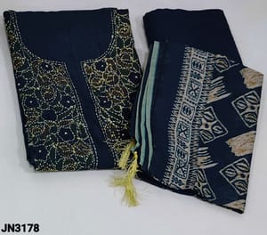 CODE JN3178 : Dark Teal Blue Digital printed silk Cotton unstitched Salwar material(thin fabric lining needed) with Kantha stich and sequins detailing on yoke, vertical digital pattern all over, Matching Santoon Bottom, Digital printed silk cotton dupatta