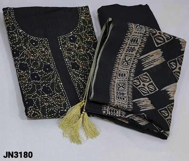 CODE JN3180 : Dark Grey Digital printed silk Cotton unstitched Salwar material(thin fabric lining needed) with Kantha stich and sequins detailing on yoke, vertical digital pattern all over, Matching Santoon Bottom, Digital printed silk cotton dupatta