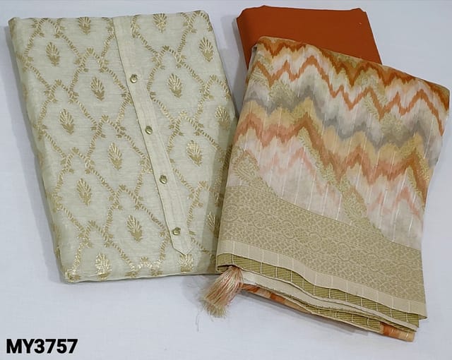 CODE MY3757 : Golden Beige base  Premium Silk Cotton Unstitched salwar material(thin fabric requires lining) Antic gold zari woven design all over, simple yoke and fancy buttons, Brick Red silk cotton bottom, digital printed silk cotton dupatta with benarasi woven borders and tiny sequins, rich antic gold zari pallu