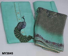CODE MY3845 : Pastel Blue Liquid fabric unstitched Salwar material(thin fabric, Soft Flowy, lining needed) with Peacock Design Highlighted with sequins and zari work on yoke, Printed daman,  Matching Liquid Fabric Bottom, Digital Printed Chiffon dupatta with peacock pallu