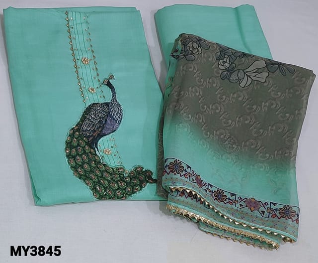 CODE MY3845 : Pastel Blue Liquid fabric unstitched Salwar material(thin fabric, Soft Flowy, lining needed) with Peacock Design Highlighted with sequins and zari work on yoke, Printed daman,  Matching Liquid Fabric Bottom, Digital Printed Chiffon dupatta with peacock pallu