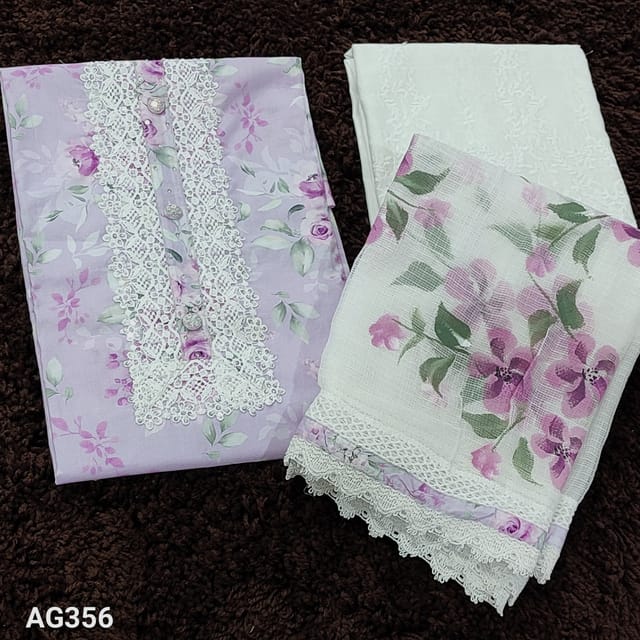 CODE AG356 : Lavender Designer Floral printed Soft Silk cotton Unstitched Salwar material(soft fabric, lining needed) fancy lace with sequins work on yoke, Half White Cotton Bottom(cut work and thread detailing lower part), Brush Paint on Premium pure kota cotton dupatta with lace tapings