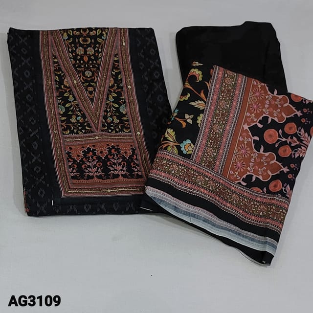 CODE AG3109 : Black Printed Soft cotton unstitched Salwar material(soft fabric, lining optional) Digital Printed yoke patch highlighted zari, sequins and french knot work, Matching thin soft Cotton Bottom, Floral printed mixed cotton dupatta
