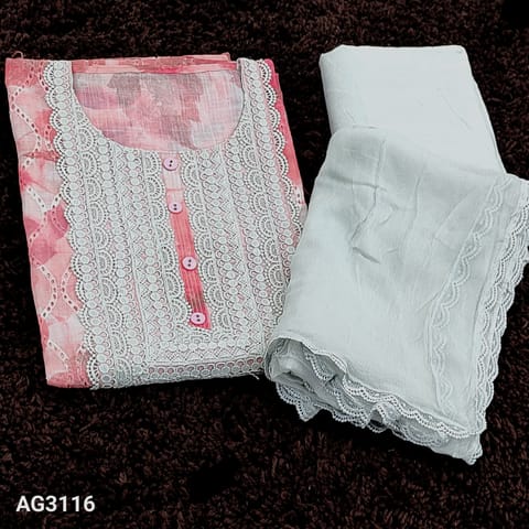 CODE AG3116 : Designer Dark Pink Pure Linen Unstitched Salwar material(thin fabric, lining needed) round neck, with lace work and buttons on yoke, Rich embroidery and cut work detailing on frontside, printed all over, Thin soft fabric provided for lining, NO BOTTOM, Pure chiffon with fancy lace tapings dupatta
