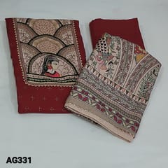 CODE AG331 :  Reddish Maroon Liquid fabric unstitched Salwar material(Soft fabric, lining needed)  digital printed yoke patch highlighted with fancy kundan stone work detailing, mukesh work(stone work) done frontside, Matching Liquid fabric Bottom, sequins on Madhubani printed silk cotton dupatta with tapings