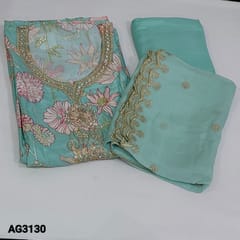 CODE  AG3130 : Designer Pastel Blue Digital printed Pure Masleen Silk Unstitched salwar material(silky ,soft fabric, lining needed) round notch neck, real mirror, sequins and zari work on yoke,  Matching Santoon Bottom, short width Rich zari and sequins work on pure organza dupatta with cut work edges