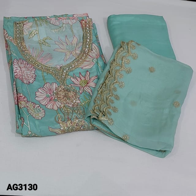 CODE  AG3130 : Designer Pastel Blue Digital printed Pure Masleen Silk Unstitched salwar material(silky ,soft fabric, lining needed) round notch neck, real mirror, sequins and zari work on yoke,  Matching Santoon Bottom, short width Rich zari and sequins work on pure organza dupatta with cut work edges