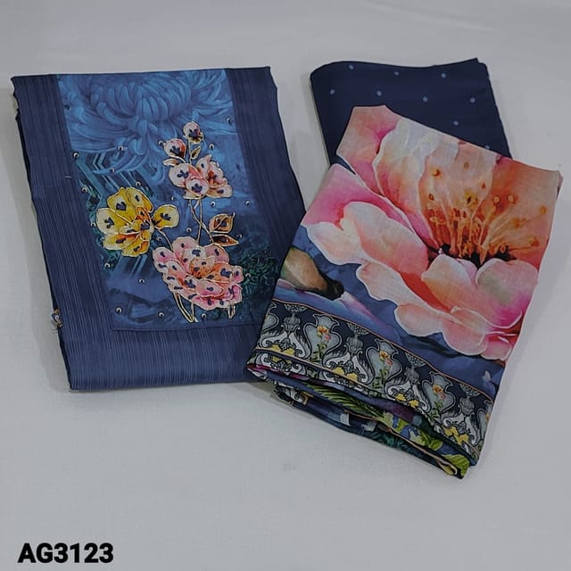 CODE AG3123 : Dark Blue Printed Soft cotton unstitched Salwar material(soft fabric, lining optional) Digital Printed yoke patch highlighted with floral printed outlines zardozi, close stich work, and sequins detailing, Matching soft Cotton Bottom, Floral printed mixed cotton dupatta