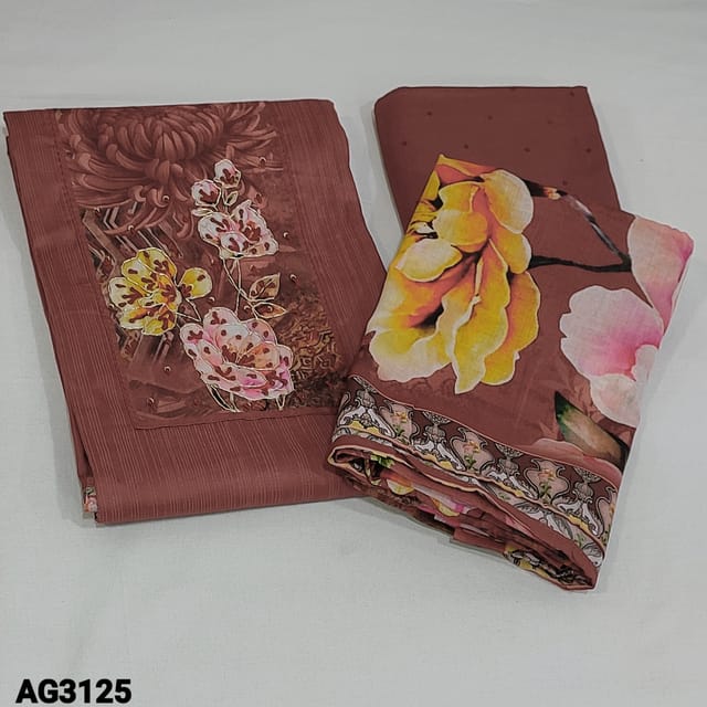 CODE AG3125 : Sober Maroon Printed Soft cotton unstitched Salwar material(soft fabric, lining optional) Digital Printed yoke patch highlighted with floral printed outlines zardozi, close stich work, and sequins detailing, Matching soft Cotton Bottom, Floral printed mixed cotton dupatta