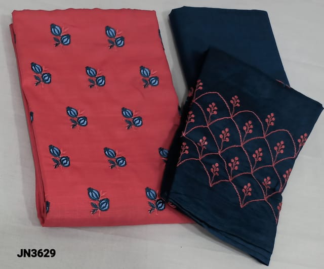 CODE JN3629 : Dark Peachish Pink Spun Silk Cotton unstitched Salwar material(lining optional) with embroidery work on yoke, navy blue cotton bottom, embroidery work on silk cotton dupatta with tapings
