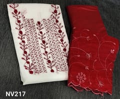 CODE DC217 : Premium White Kota Silk Cotton unstitched salwar material(requires lining) with thread embroidery and french knot work on yoke, reddish maroon silky bottom, embroidery and sequence work on organza dupatta with cut work edges.