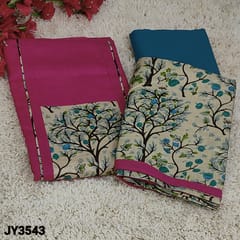 CODE JY3543 : Dark Pink Slub Cotton Unstitched Salwar material (Texture fabric, lining optional) Art silk yoke patch, Teal Blue Cotton Bottom, Printed art silk dupatta with tapings