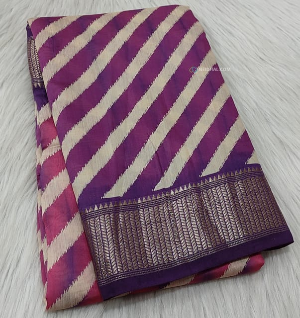 CODE WS662 : Purple and pink spun silk with lehariya printed saree  pure ,soft fabric) antique gold zari double side borders, simple gold zari lined and shibori patterns for pallu,running blouse with borders.