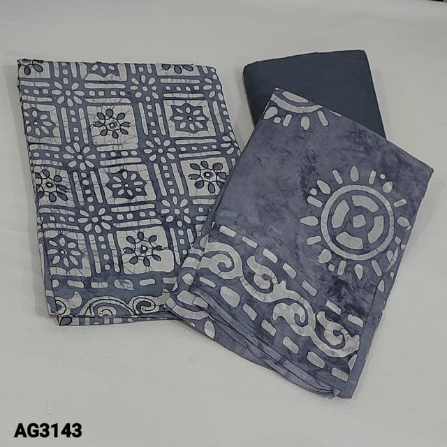 CODE AG3143 : Grey Premium Pure cotton unstitched Salwar material(soft fabric, lining needed) Wax batik dyed highlighted with thread work, faux mirror and tiny bead work on frontside, drum dyed pure soft Cotton Bottom, batik dyed Premium mul cotton dupatta