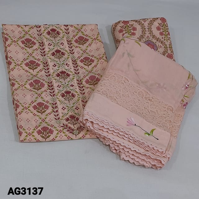 CODE AG3137 : Designer Pastel Pink Floral printed Premium Pure Mul Cotton Unstitched Salwar material(thin, soft  fabric, lining needed) tiny Pearl bead, zardozi  and thread work on yoke, Printed mul Cotton Bottom, brush paint on Pure chiffon dupatta with fancy lace tapings