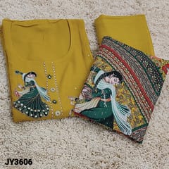 CODE JY3606 : Mehandhi Yellow Liquid fabric unstitched Salwar material(Soft Flowy, thin fabric, lining needed) round neck, dancing girl applique work highlighted with zari and fancy buttons on yoke, Matching Liquid fabric Bottom, sequins on Madhubani printed premium silk cotton dupatta