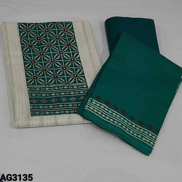 CODE AG3135 : Light Beige Base Premium Cotton unstitched Salwar material(texture fabric, lining Needed) with Printed yoke patch highlighted with thread and faux work, self textured pattern on frontside, Teal Green Cotton Bottom, Premium Mul cotton dupatta