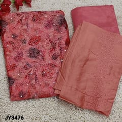 CODE JY3476 : Peachish Pink floral printed fancy Organza unstitched salwar material(light weight, thin fabric,  lining needed) with embroidery work and foil work on panel pattern, Matching silky fabric provide for both Lining and Bottom as a single fabric , self embroidery work done on soft silk cotton dupatta