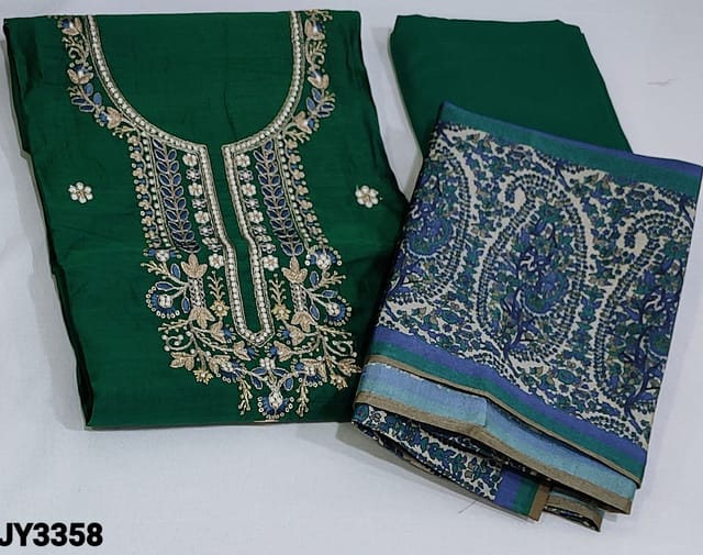 CODE JY3358 : Turquoise Green Silk Cotton unstitched Salwar material(thin fabric, lining needed) with thread and sequins work on yoke, floral embroidery work on front side, Matching Cotton Bottom,  Digital (paisley) printed fancy silk cotton dupatta