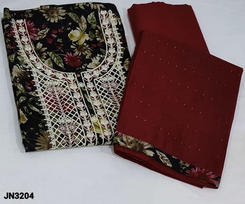 CODE JN3204 : Black Base Digital printed silk cotton unstitched Salwar material(lining optional) with Thread and sequins on yoke, floral printed all over, Reddish Maroon Cotton Bottom, soft silk cotton dupatta with tiny sequins and contrast tapings
