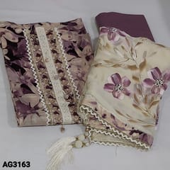 CODE AG3163 : Designer Beige Base Light Purple Floral Printed Pure Mul Cotton unstitched Salwar material(thin, soft fabric, lining needed) zardozi, sequins and tiny pearl bead with lace work on yoke, Matching Drum dyed pure cotton thin fabric provide for lining, NO BOTTOM, brush paint on premium chiffon dupatta with fancy tassels