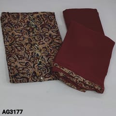 CODE AG3177 : Beige Base Kalamkari soft Cotton unstitched Salwar material(thick fabric, lining optional) with buttons on yoke, Maroon Cotton Bottom, chiffon dupatta with tapings